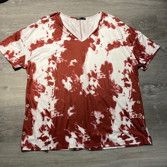 SHEIN Tops - Shein Tie Dye Tunic Length V-Neck with Wooden Button Detail